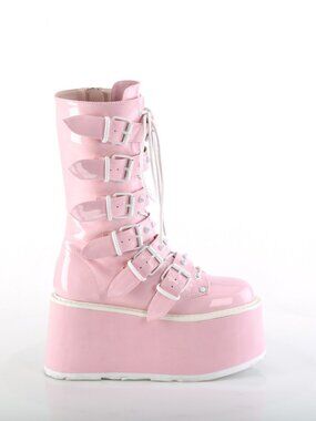 B. Pink Holo Pat Mid-Calf Boots with 6 Cone-Studded Buckle Straps